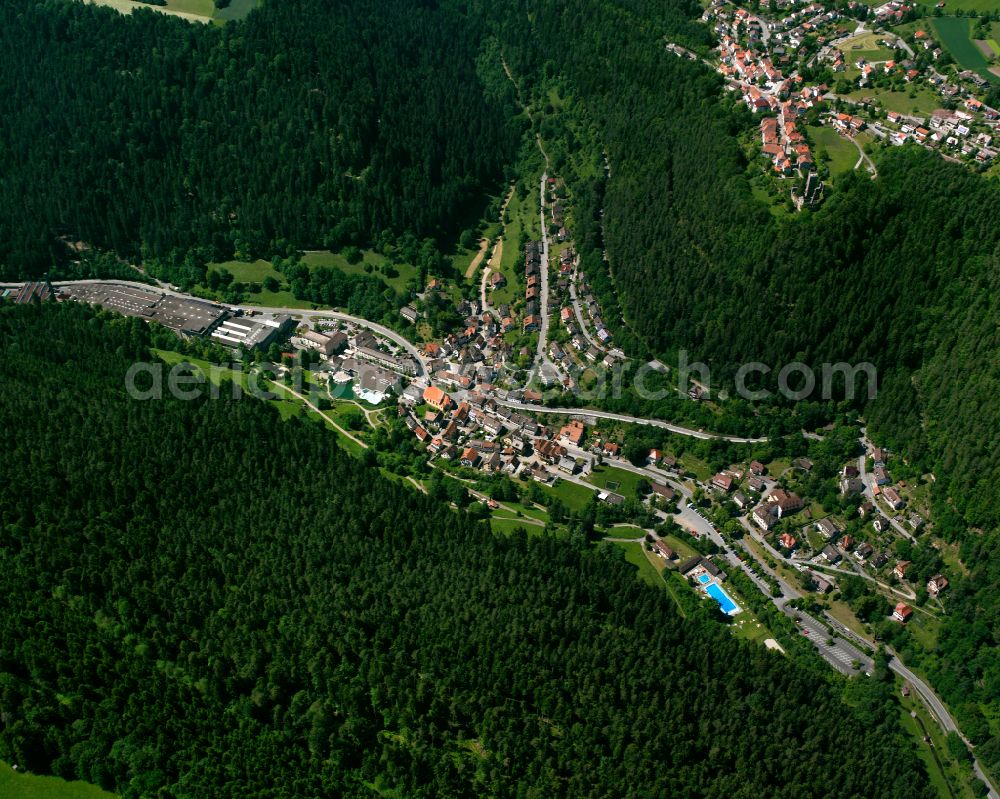 Zavelstein from above - Village - view on the edge of forested areas in Zavelstein in the state Baden-Wuerttemberg, Germany