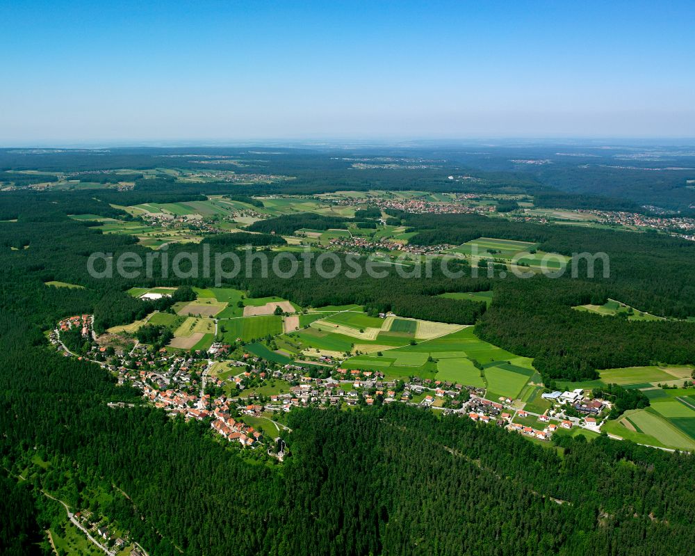 Zavelstein from the bird's eye view: Village - view on the edge of forested areas in Zavelstein in the state Baden-Wuerttemberg, Germany