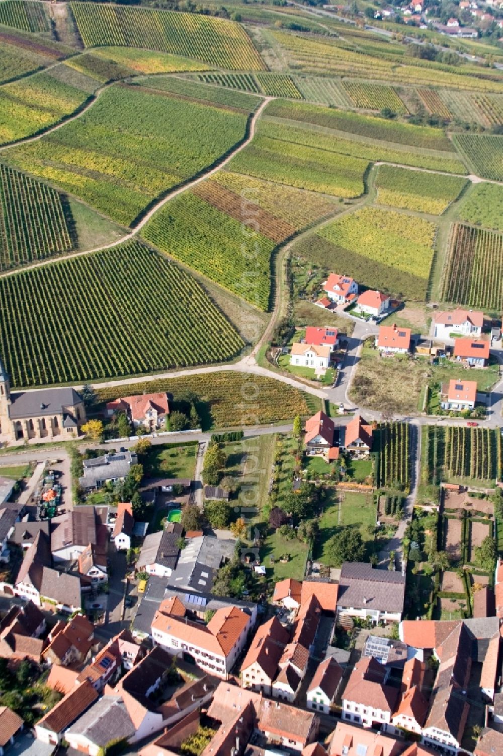 Aerial image Birkweiler - Village - view on the edge of wine yards in Birkweiler in the state Rhineland-Palatinate