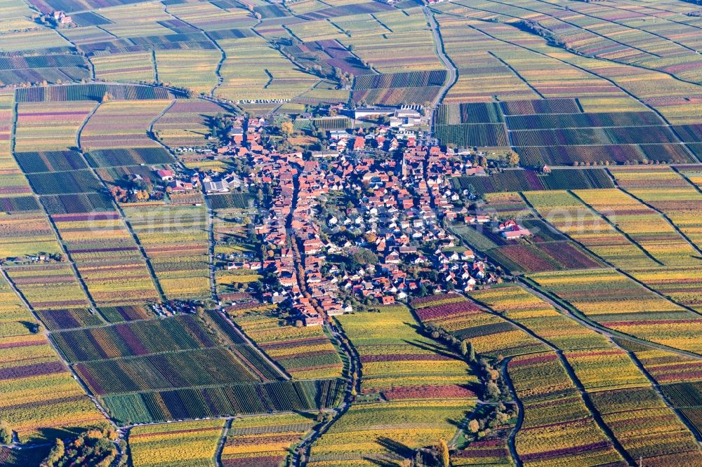 Rhodt from the bird's eye view: Village - view on the edge of agricultural fields and farmland in Rhodt in the state Rhineland-Palatinate, Germany