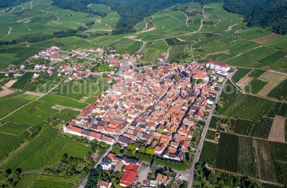 Aerial image Saint-Hippolyte - Village - view on the edge of wine yards in Saint-Hippolyte in Grand Est, France