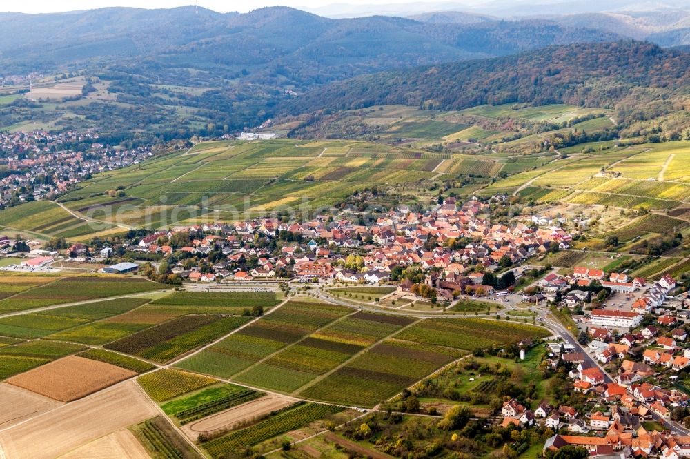 Aerial photograph Schweigen - Village - view on the edge of wine yards in Schweigen in the state Rhineland-Palatinate, Germany