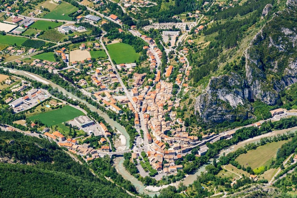 Serres from above - Town center, historic old town and River Buech in Serres in Provence-Alpes-Cote d'Azur, France