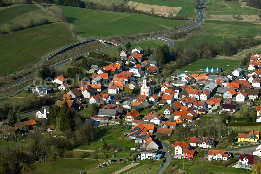 Aerial image Wickers - Village view with streets and apartments of the municipality Wickers in the Rhoen in the state Hesse, Germany