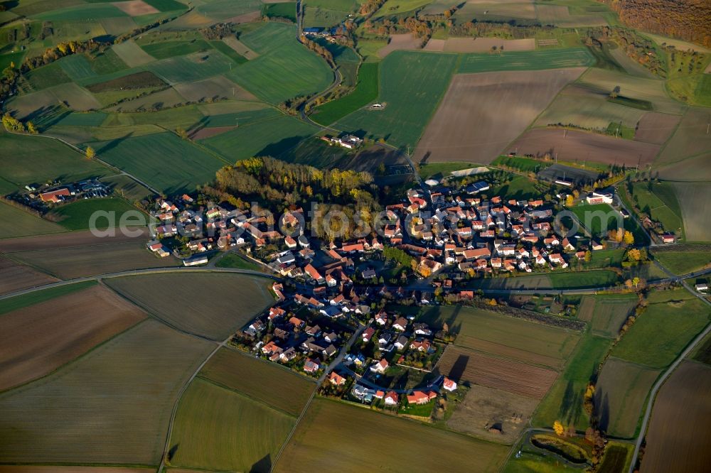 Friesenhausen from the bird's eye view: Village - View of the district Hassberge belonging municipality in Friesenhausen in the state Bavaria