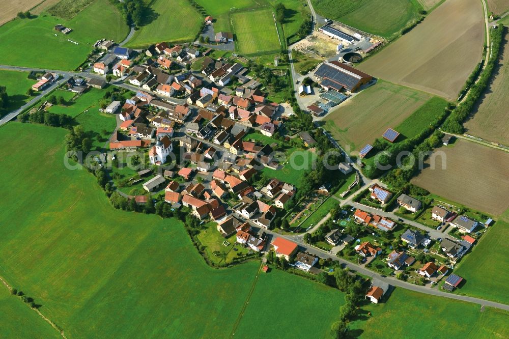 Gemeinfeld from the bird's eye view: Village - View of the district Hassberge belonging municipality in Gemeinfeld in the state Bavaria