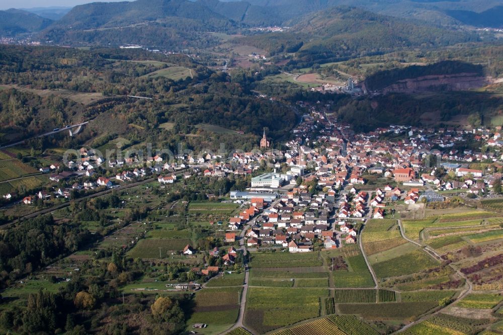 Albersweiler from above - Village view between palatinat mountains and wine yards in Albersweiler in the state Rhineland-Palatinate