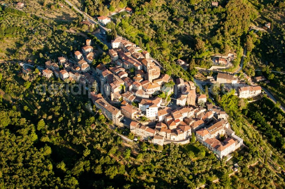 Aerial image Scrofiano - Church building of CHIESA S. BIAGIO in the village of in Scrofiano located on a hill in Toscana, Italy