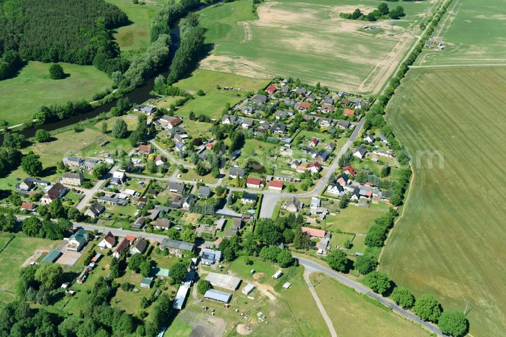 Neuburg from above - Village on the river bank areas of Elde in Neuburg in the state Mecklenburg - Western Pomerania, Germany