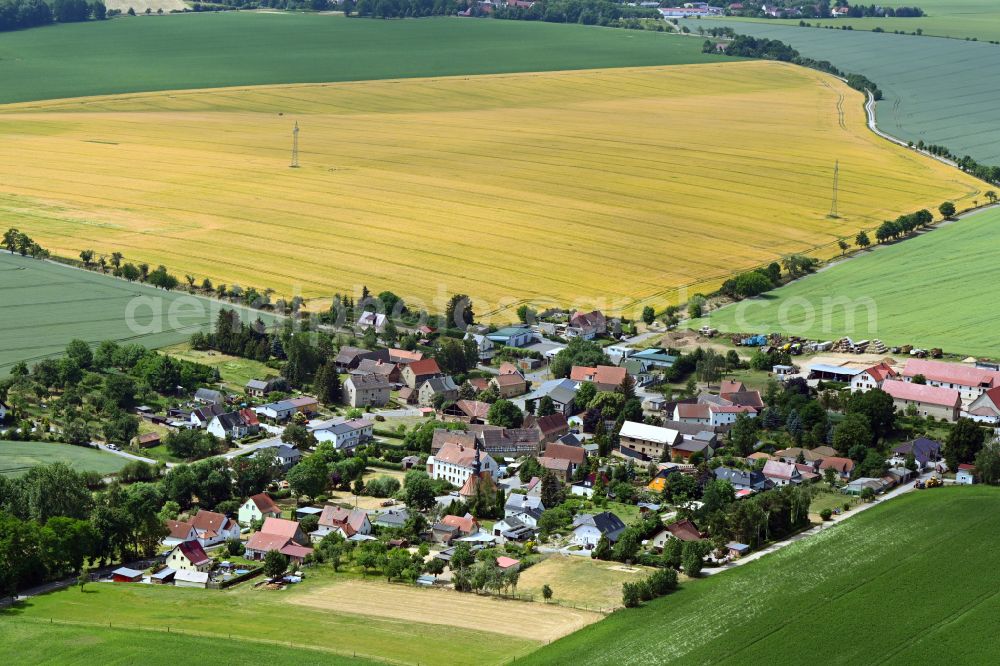 Schnaudertal from the bird's eye view: Agricultural land and field boundaries surround the settlement area of the village in the district Kleinpoerthen in Schnaudertal in the state Saxony-Anhalt, Germany