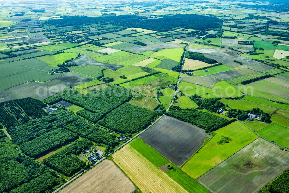 Lexgaard from above - Agricultural land and field boundaries surround the settlement area of the village in Lexgaard in the state Schleswig-Holstein, Germany