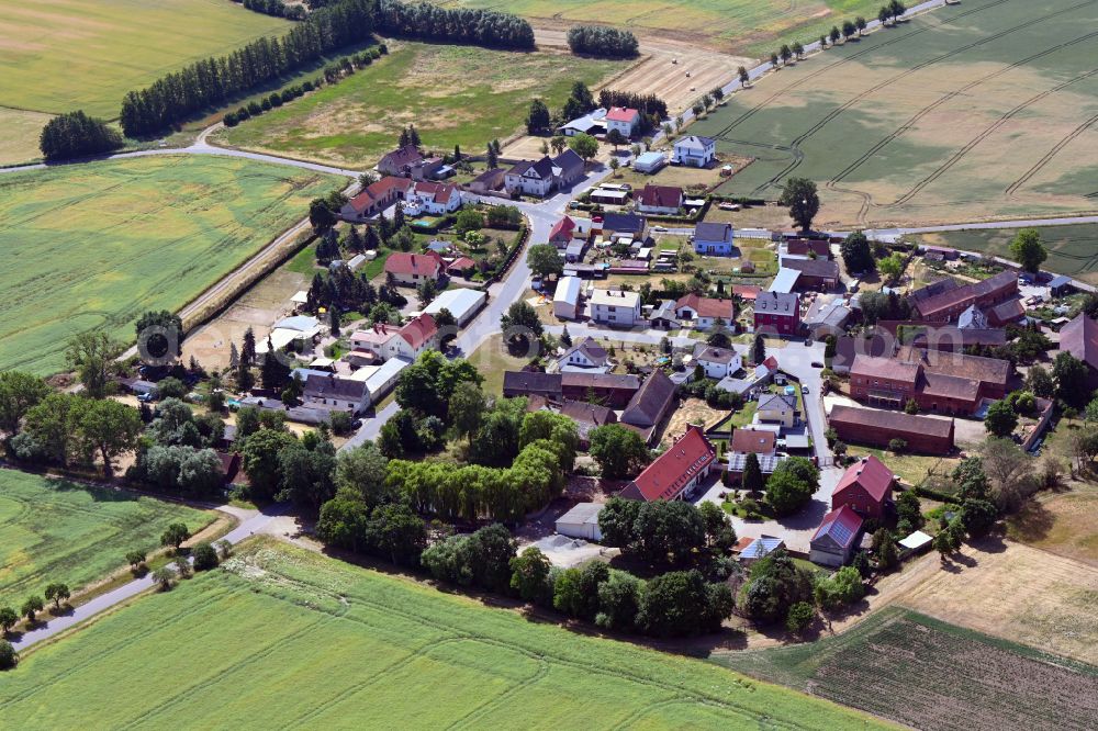 Aerial photograph Krostitz - Agricultural land and field boundaries surround the settlement area of the village in Krostitz in the state Saxony, Germany