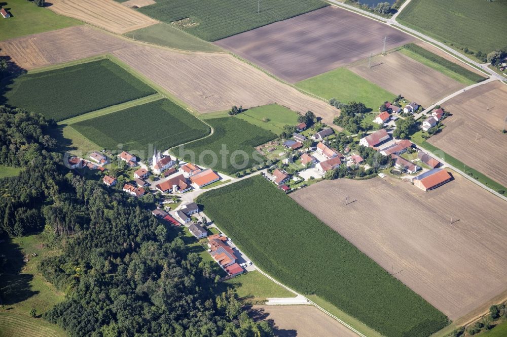 Aerial image Thal - Agricultural land, fields and forest border the two-part settlement area of a??a??the village Thal in the state Bavaria, Germany