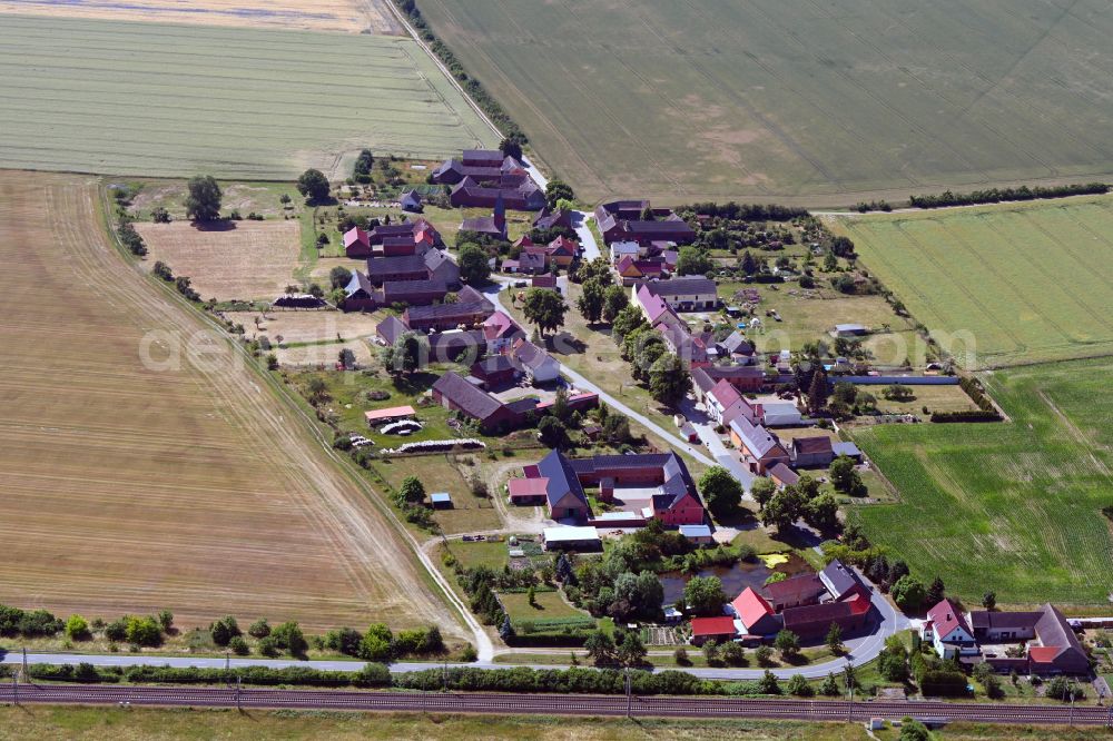 Niedergörsdorf from the bird's eye view: Agricultural land and field boundaries surround the settlement area of the village in the district Mellnsdorf in Niedergoersdorf in the state Brandenburg, Germany