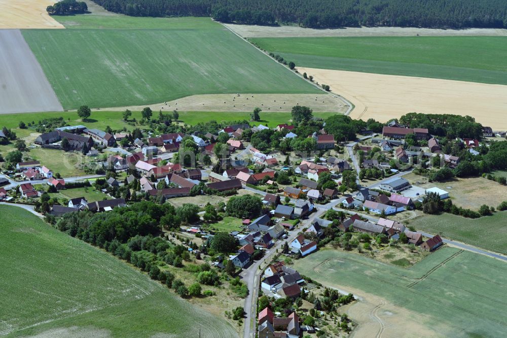 Aerial photograph Bad Schmiedeberg - Agricultural land and field boundaries surround the settlement area of the village in the district Meuro in Bad Schmiedeberg in the state Saxony-Anhalt, Germany