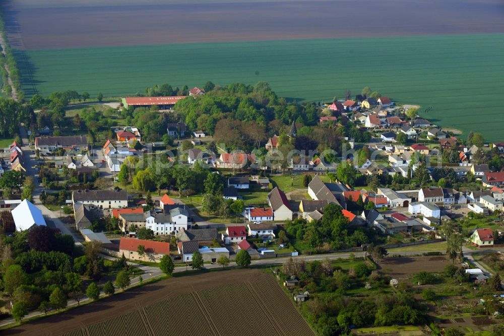 Poley from above - Agricultural land and field borders surround the settlement area of the village in Poley in the state Saxony-Anhalt, Germany