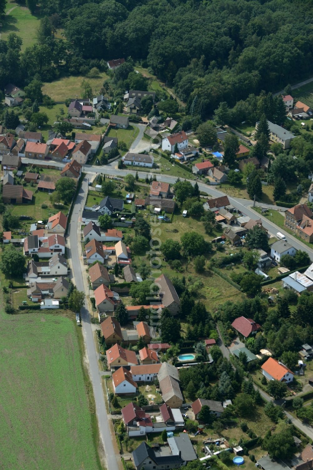 Sallgast from the bird's eye view: View of the village of Sallgast in the state of Brandenburg. View of residential houses and small farms along the edge of the village