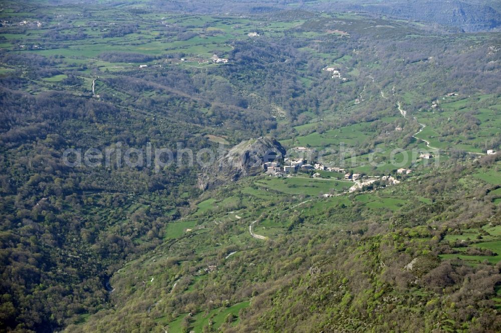 Sceautres from above - View of the village of Sceautres located on a basalt rock of the Plateau du Coiron massif in Auvergne Rhone-Alpes, France