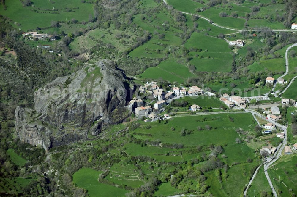 Sceautres from the bird's eye view: View of the village of Sceautres located on a basalt rock of the Plateau du Coiron massif in Auvergne Rhone-Alpes, France