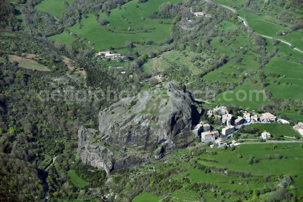 Aerial image Sceautres - View of the village of Sceautres located on a basalt rock of the Plateau du Coiron massif in Auvergne Rhone-Alpes, France