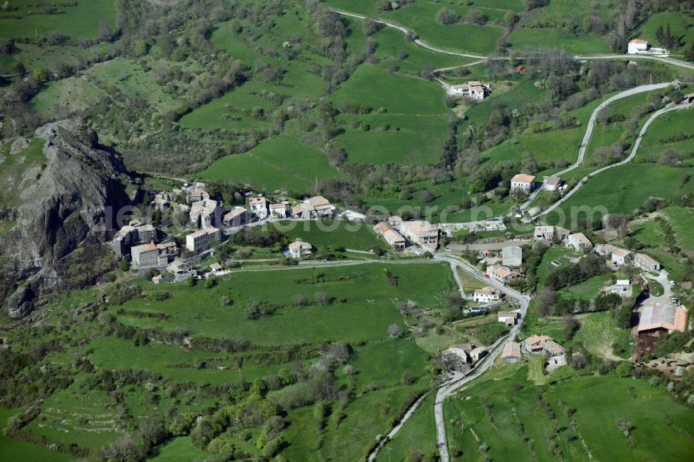 Aerial photograph Sceautres - View of the village of Sceautres located on a basalt rock of the Plateau du Coiron massif in Auvergne Rhone-Alpes, France