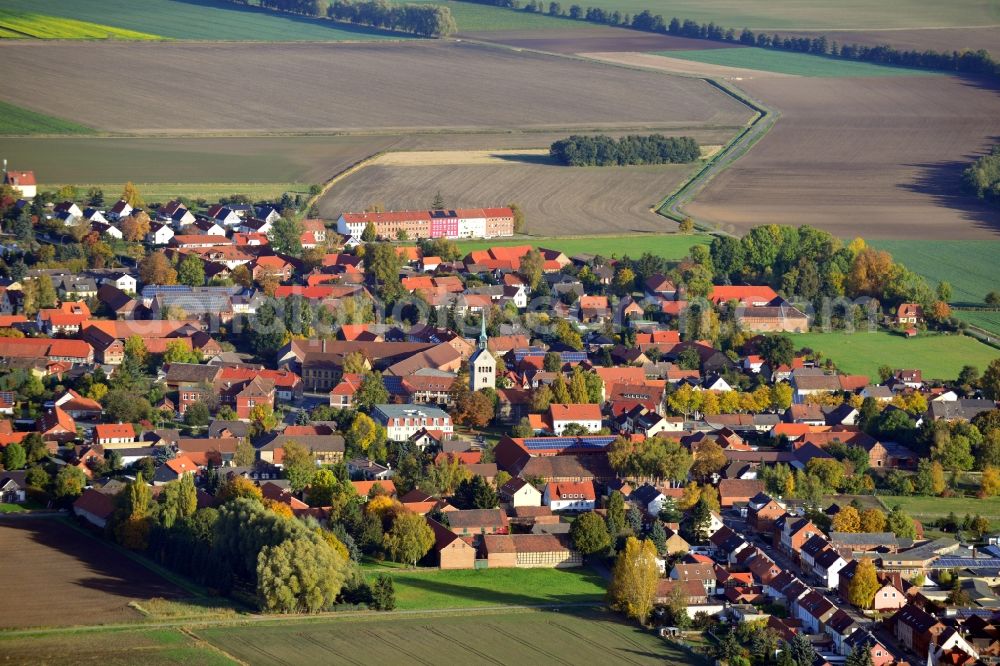 Süpplingen from above - View of the village Süpplingen in the state Lower Saxony. In the centre of the village, the St. Lambertus Church is located