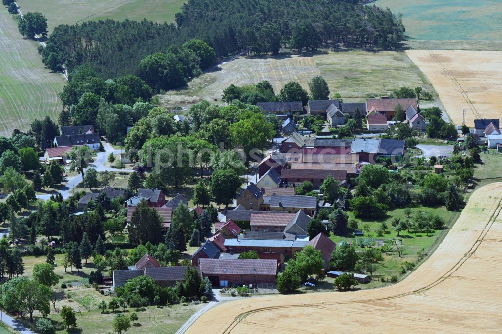 Bad Schmiedeberg from the bird's eye view: Agricultural land and field boundaries surround the settlement area of the village in the district Oesteritz in Bad Schmiedeberg in the state Saxony-Anhalt, Germany