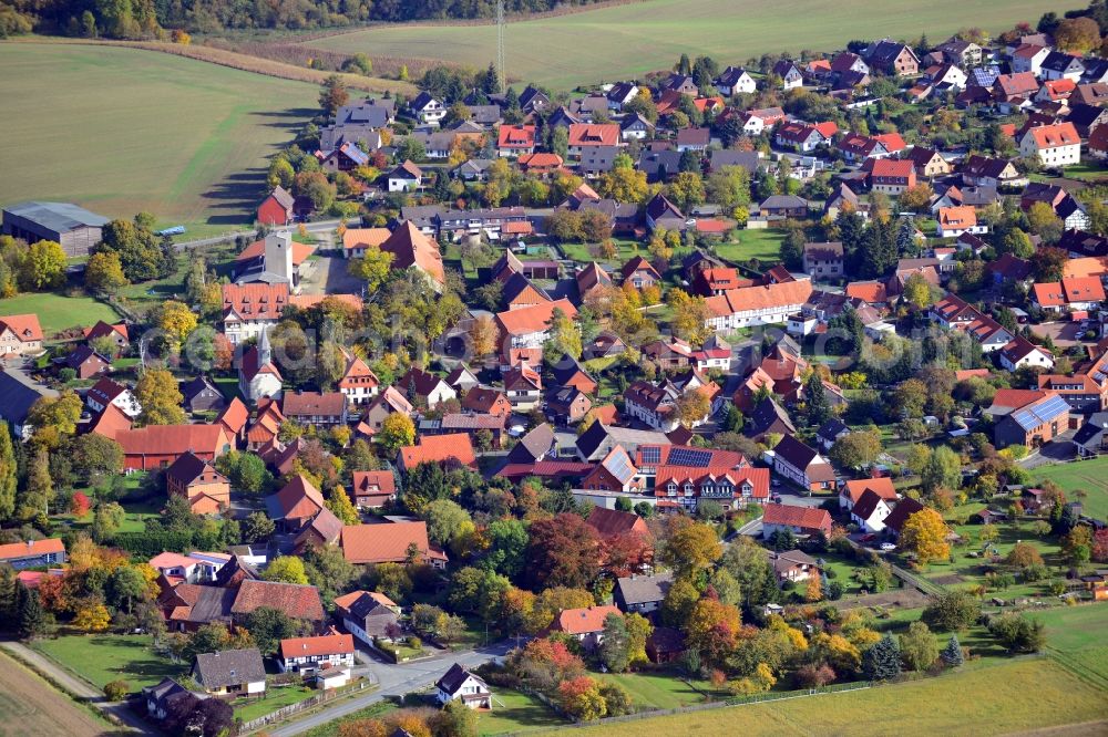 Weddingen from the bird's eye view: View of the village Weddingen in the state Lower Saxony. The village is located near the Harly Forest