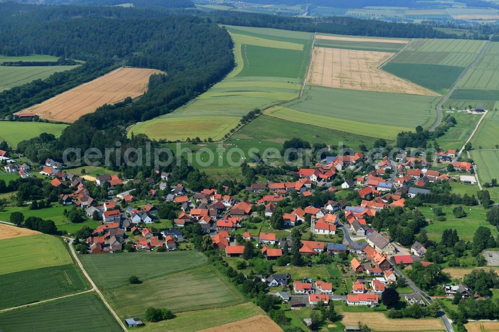 Aerial image Ahlshausen - Agricultural land and field borders surround the settlement area of the village in Ahlshausen in the state Lower Saxony, Germany