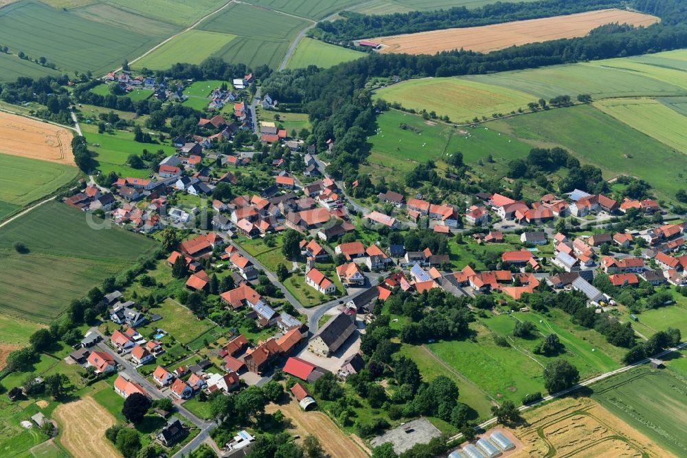 Ahlshausen from above - Agricultural land and field borders surround the settlement area of the village in Ahlshausen in the state Lower Saxony, Germany