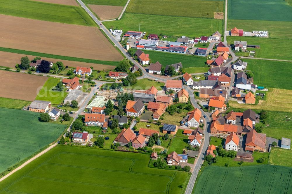 Ammenhausen from the bird's eye view: Agricultural land and field borders surround the settlement area of the village in Ammenhausen in the state Hesse, Germany