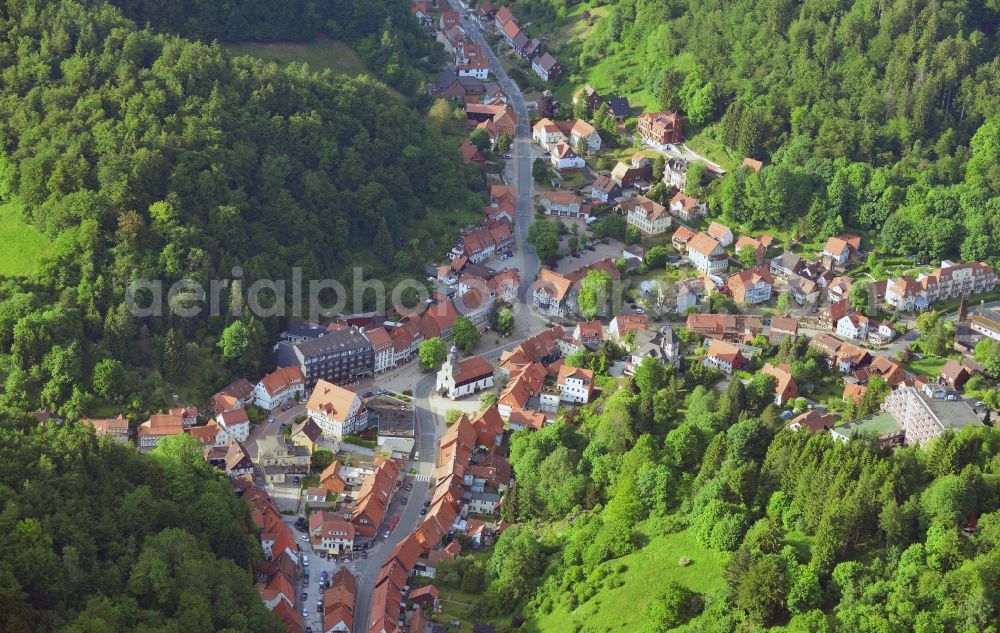 Bad Grund from above - Village core of in the Harz in the state of Lower Saxony. Central in the picture the Osteroder Street and the Hübichweg