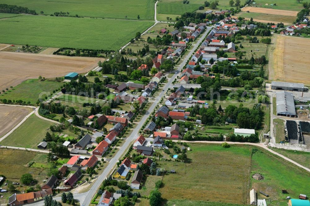 Barenthin from above - Agricultural land and field borders surround the settlement area of the village in Barenthin in the state Brandenburg, Germany