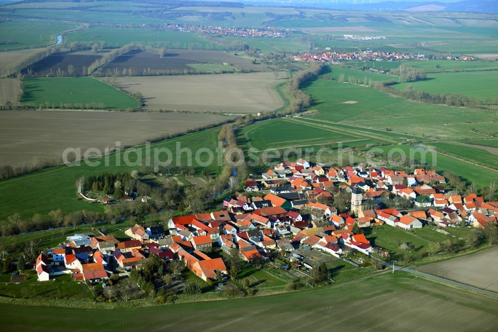 Büchel from above - Agricultural land and field borders surround the settlement area of the village in Buechel in the state Thuringia, Germany