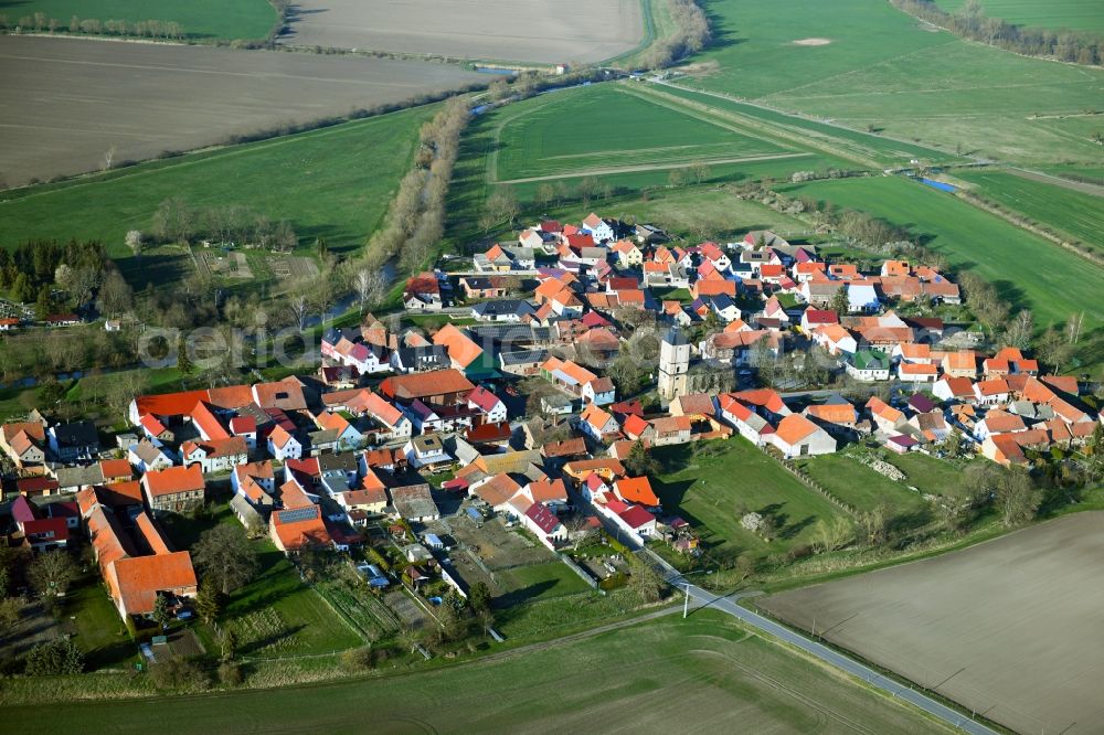 Büchel from the bird's eye view: Agricultural land and field borders surround the settlement area of the village in Buechel in the state Thuringia, Germany