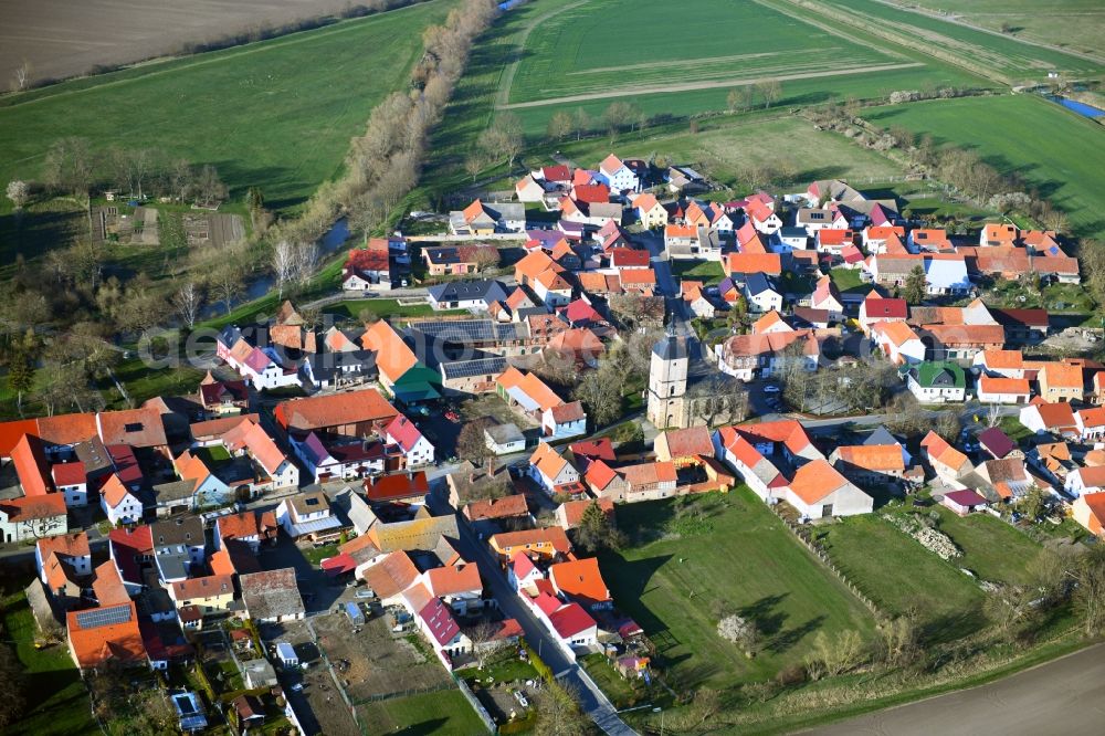 Aerial image Büchel - Agricultural land and field borders surround the settlement area of the village in Buechel in the state Thuringia, Germany