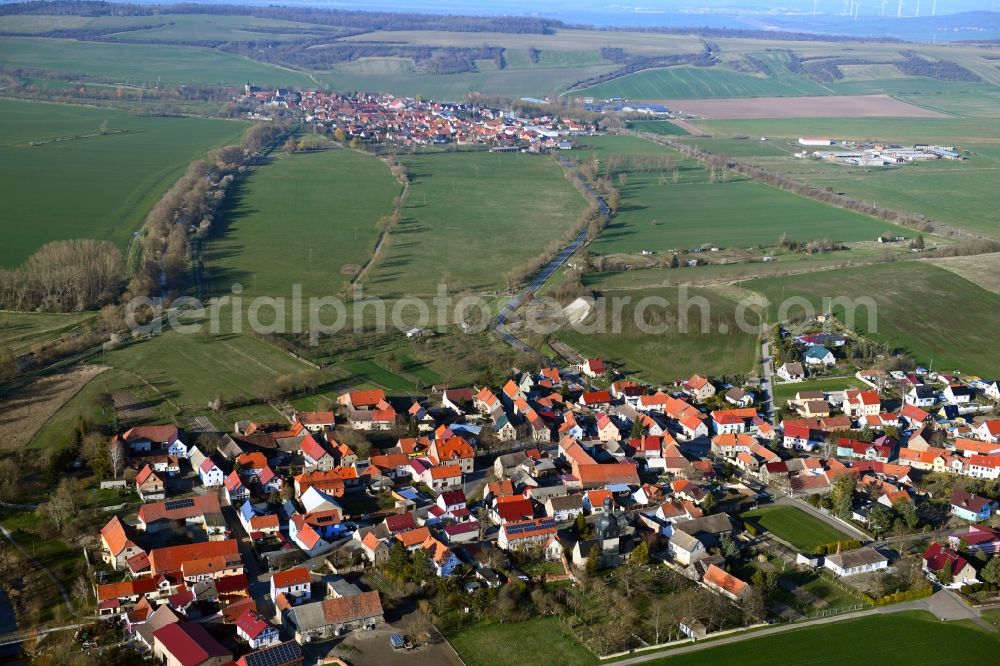 Aerial photograph Büchel - Agricultural land and field borders surround the settlement area of the village in Buechel in the state Thuringia, Germany