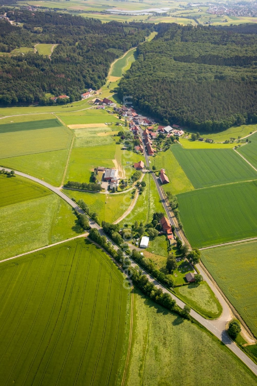 Aerial photograph Bühle - Agricultural land and field borders surround the settlement area of the village in Buehle in the state Hesse, Germany