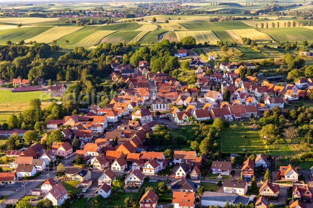 Aerial image Buhl - Agricultural land and field borders surround the settlement area of the village in Buhl in Grand Est, France