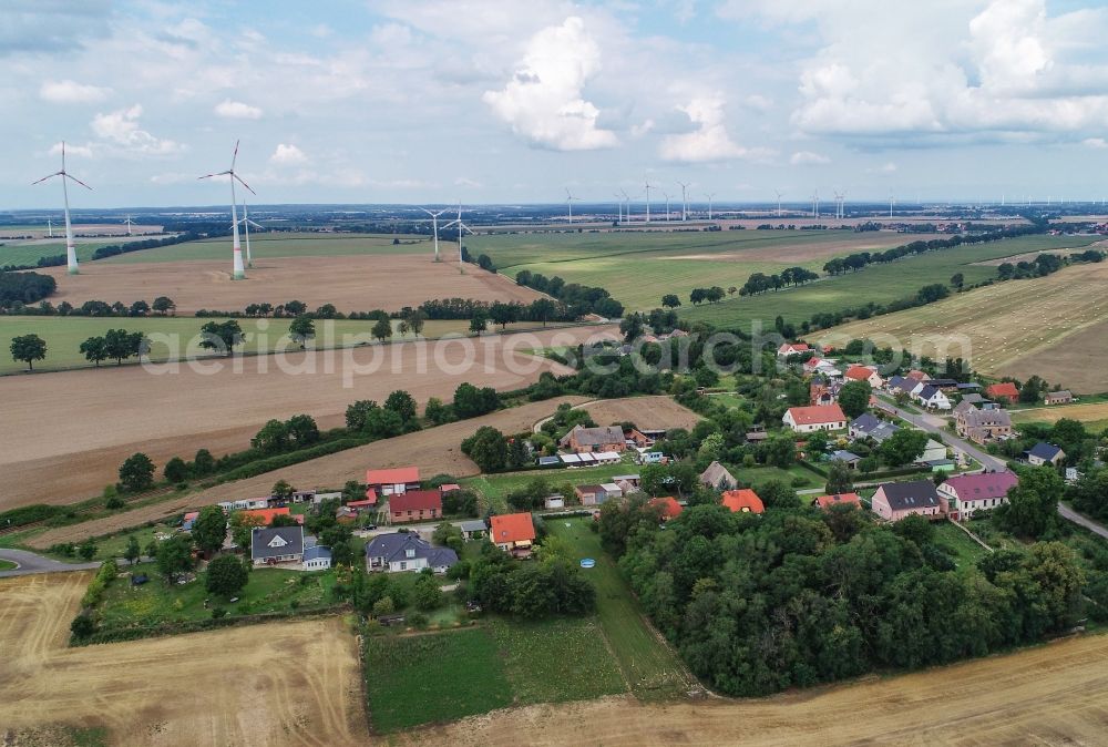 Carzig from the bird's eye view: Agricultural land and field borders surround the settlement area of the village in Carzig in the state Brandenburg, Germany