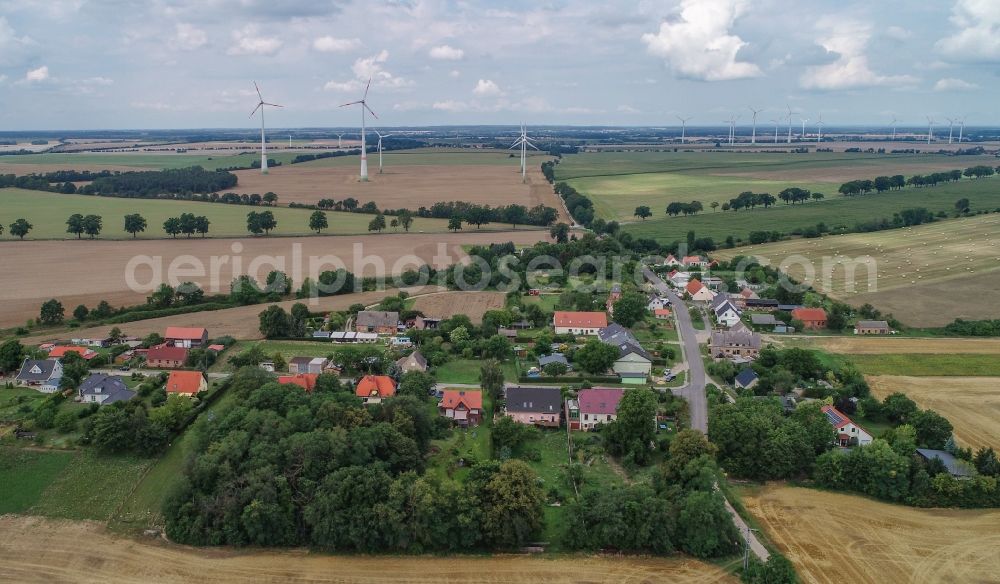 Aerial image Carzig - Agricultural land and field borders surround the settlement area of the village in Carzig in the state Brandenburg, Germany