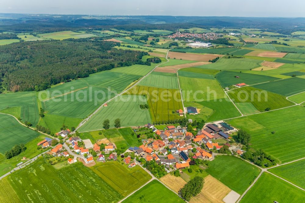 Dehausen from the bird's eye view: Agricultural land and field borders surround the settlement area of the village in Dehausen in the state Hesse, Germany