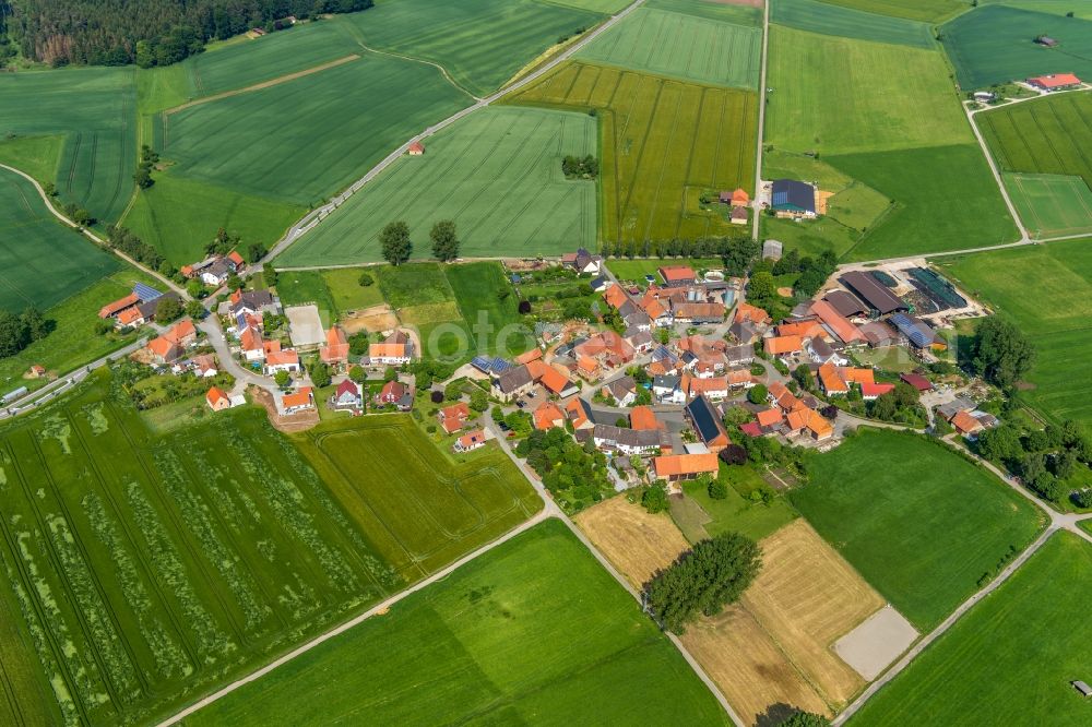 Aerial image Dehausen - Agricultural land and field borders surround the settlement area of the village in Dehausen in the state Hesse, Germany