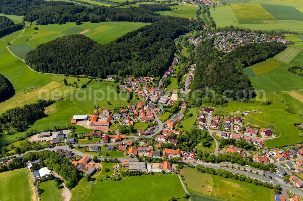 Dorfitter from above - Agricultural land and field borders surround the settlement area of the village in Dorfitter in the state Hesse, Germany