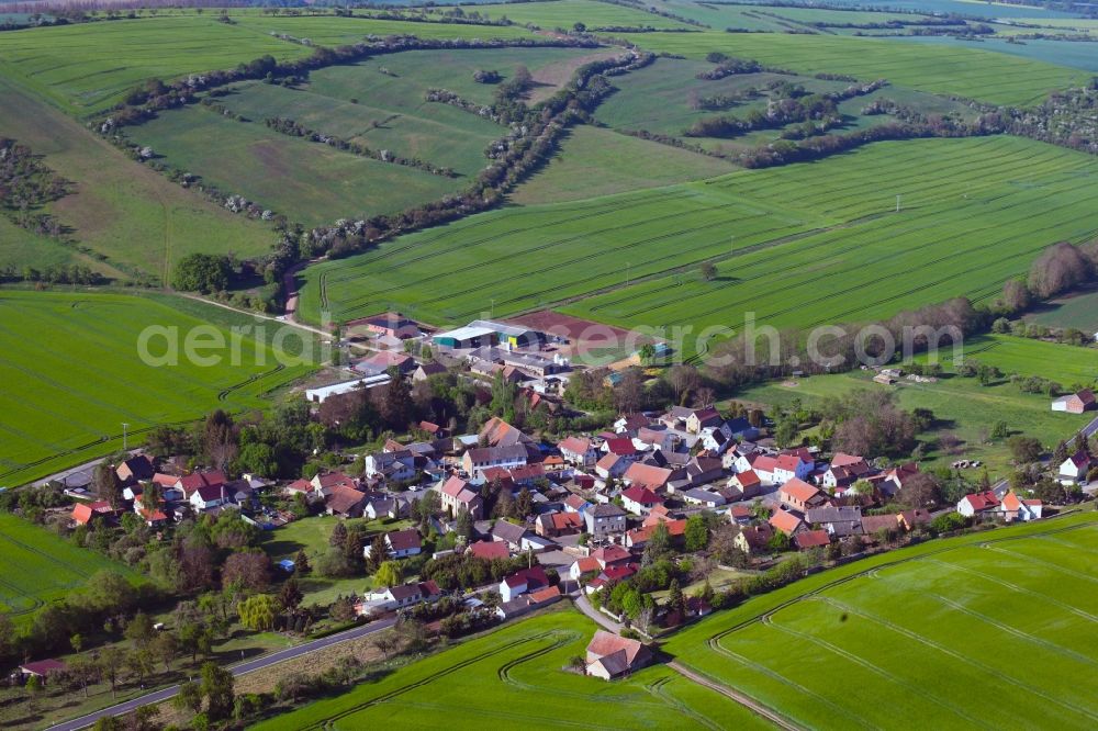 Aerial photograph Drebsdorf - Agricultural land and field borders surround the settlement area of the village in Drebsdorf in the state Saxony-Anhalt, Germany