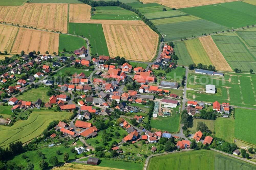 Aerial photograph Dörrigsen - Agricultural land and field borders surround the settlement area of the village in Doerrigsen in the state Lower Saxony, Germany