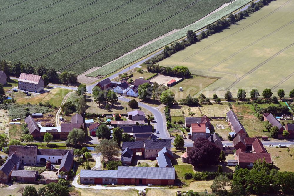 Aerial image Niedergörsdorf - Agricultural land and field boundaries surround the settlement area of the village in the district Eckmannsdorf in Niedergoersdorf in the state Brandenburg, Germany