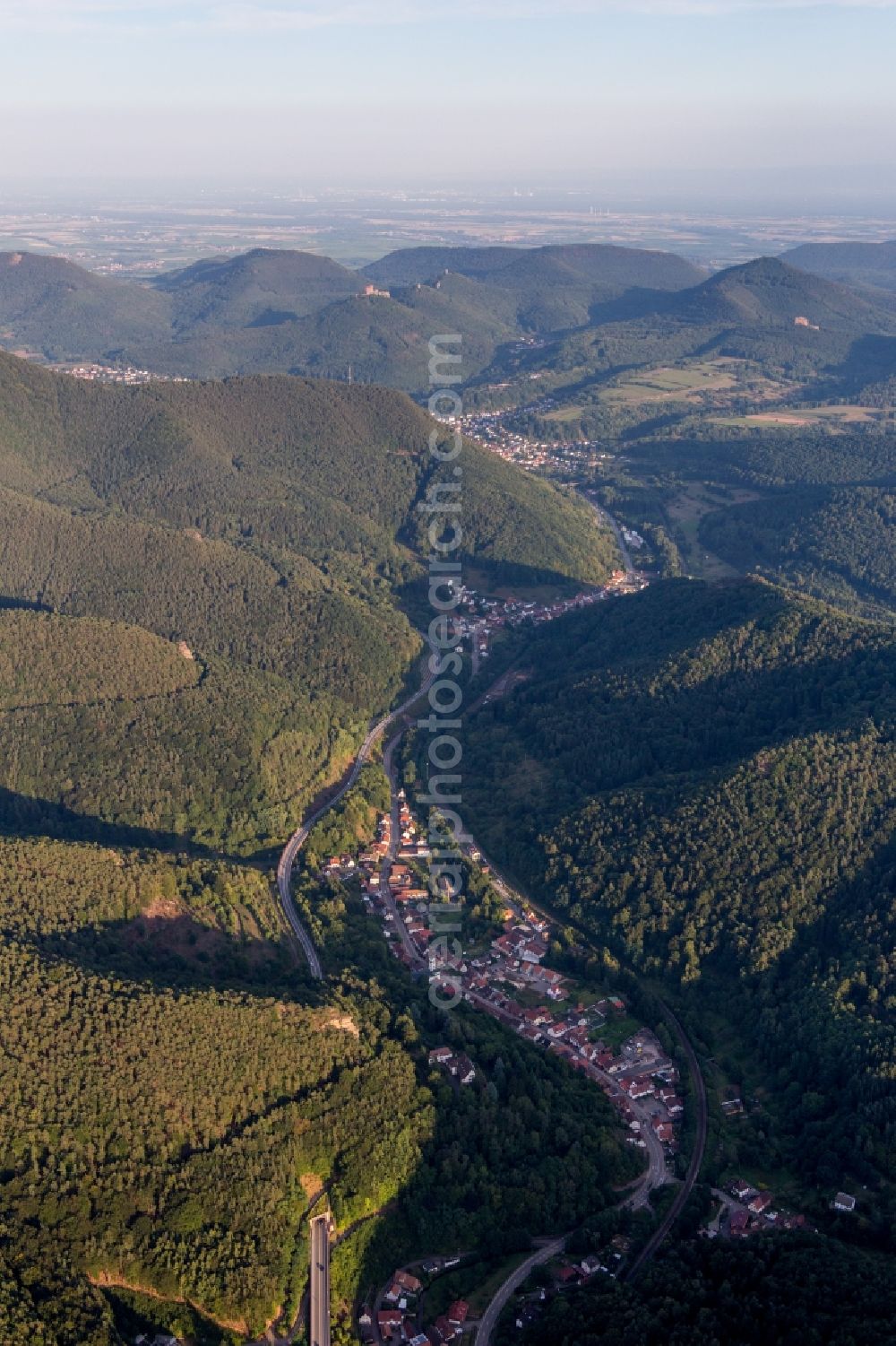 Rinnthal from above - Village on the river bank areas of Queich in Rinnthal in the state Rhineland-Palatinate, Germany