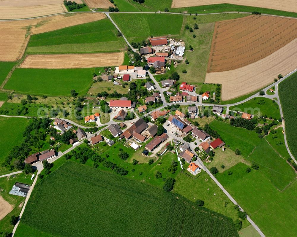 Aerial photograph Aach-Linz - Agricultural land and field boundaries surround the settlement area of the village in Aach-Linz in the state Baden-Wuerttemberg, Germany