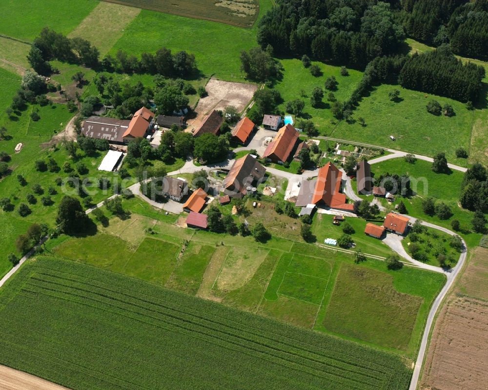 Aach-Linz from above - Agricultural land and field boundaries surround the settlement area of the village in Aach-Linz in the state Baden-Wuerttemberg, Germany